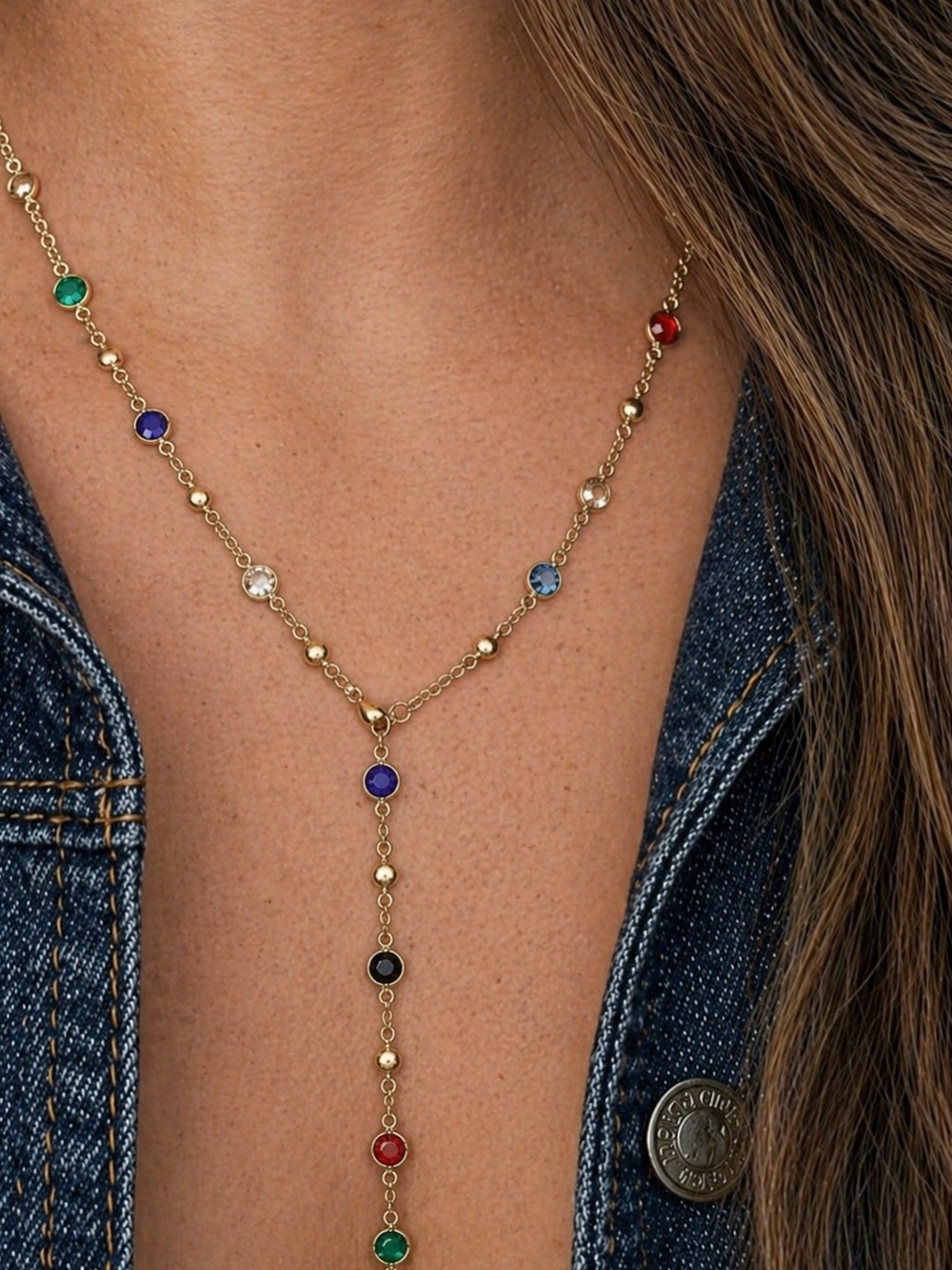Gold Tone Multi-Colored Bezel Rhinestone Long Necklace